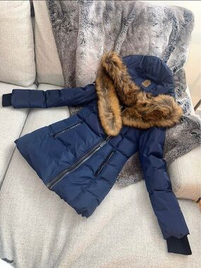 Mackage Navy Puffer Jacket with Faux Fur Trim Hood
